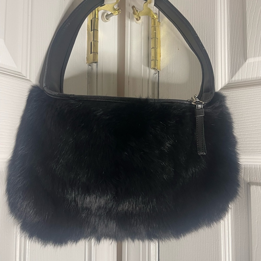Stunning small black purse. Black faux fur handbag.